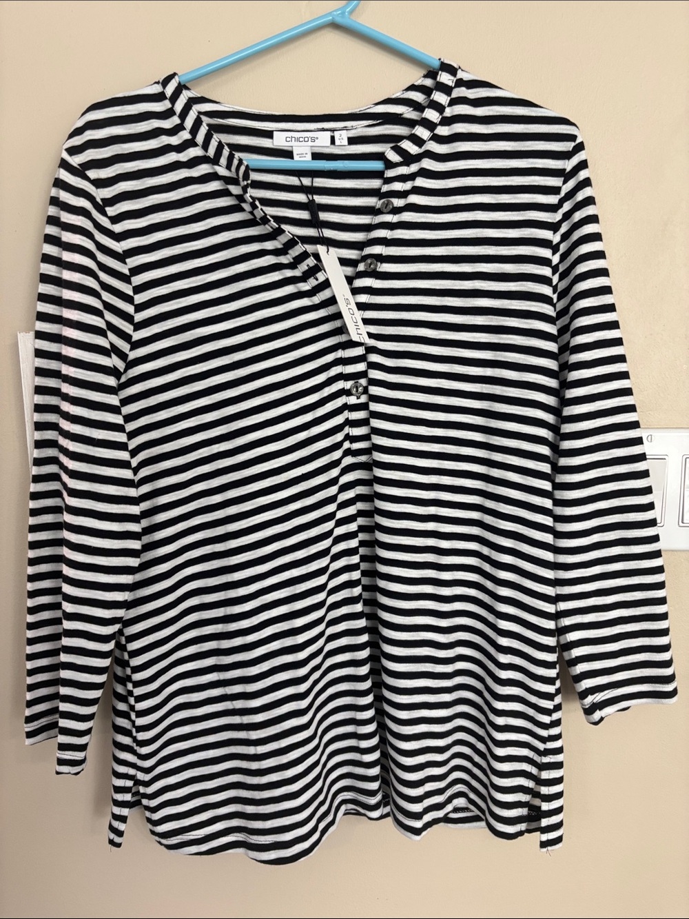 Chico's Black and White Striped Henley Long Sleeve Top